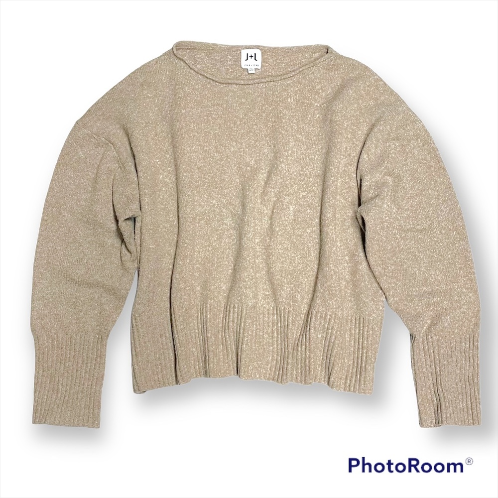 JOHN + JENN Boxy Ballon Sleeve Heather Beige Cream Cropped Sweater M